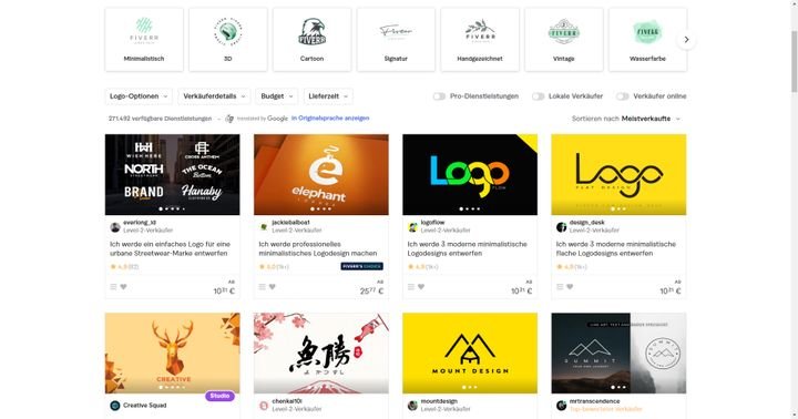 Die Vorschläge für Logos auf Fiverr