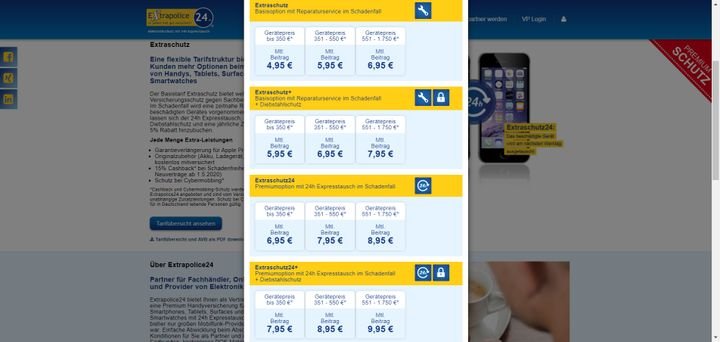 Die Beiträge für Ihre Handyversicherung hängen bei Extrapolice24 vom Neukaufwert Ihres Geräts und dem gewählten Leistungsumfang ab