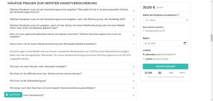 Alle wichtigen Infos zur hepster Handyversicherung finden Sie in den FAQ des Anbieters auf der Website