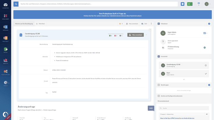 Change Request funktionieren analog zur Meldung von Incidents über eine übersichtliche Formularmaske