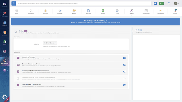 Derzeit noch in einer Beta-Phase können User in der Testversion bereits Funktionen des InvGate AI-Hubs erkunden