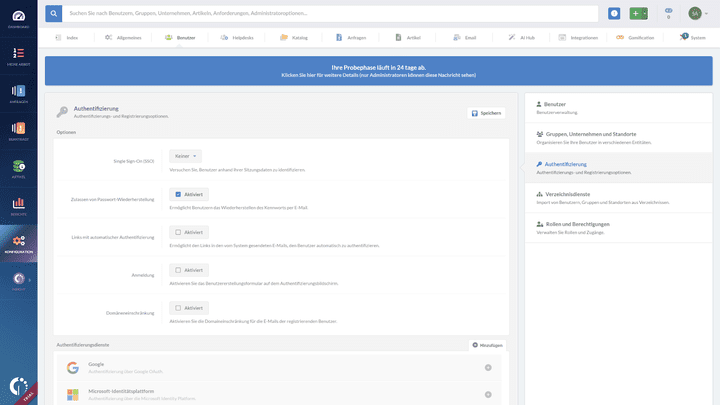 Passwortrichtlinien und Authentifizierungsoptionen können Admins in den Einstellungen konfigurieren