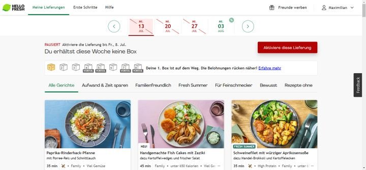 Die rot durchgestrichenen Termine sind pausiert, was bis zu 5 Tage vor der geplanten Lieferung möglich ist
