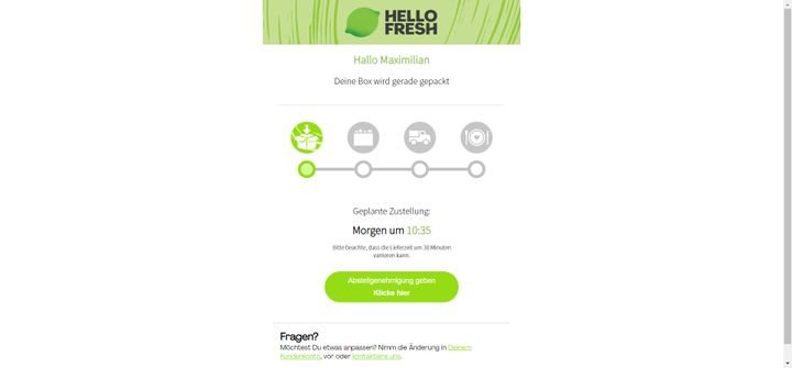 HelloFresh schickt euch eine Bestellbestätigung mit Lieferverfolgung und Anzeige des Lieferstatus in Echtzeit