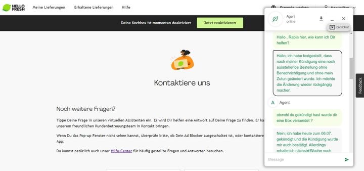 Ein Blick auf den Live-Chat von HelloFresh