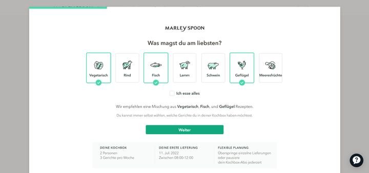 Im ersten Schritt der Erstellung eures Geschmacksprofils könnt ihr Zutaten und Produkte angeben, die ihr nicht mögt oder nicht vertragt.