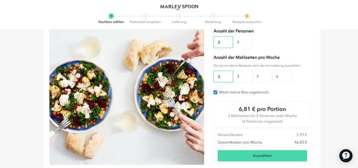 Der Preis für eine kleine Kochbox bei Marley Spoon