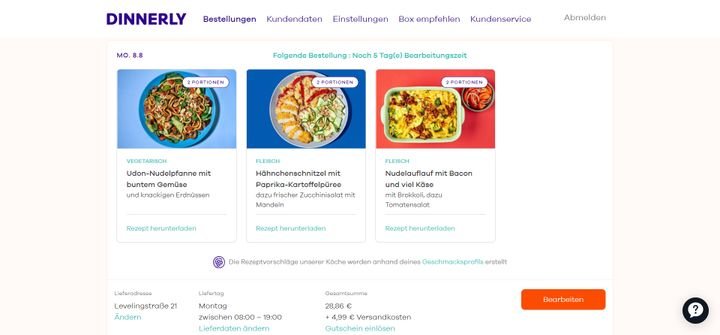 Dinnerly wählt jede Woche einige Gerichte automatisch für euch aus und greift dafür auf euer Geschmacksprofil zurück