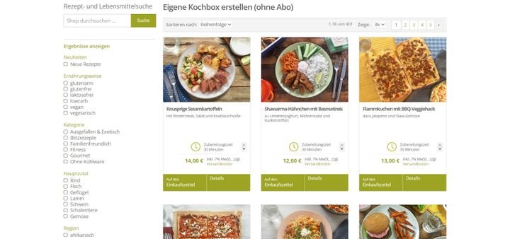 Bei Anbietern wie Tischline oder My Cooking Box könnt ihr euch im Shop aus vielen Gerichten eure ganz individuelle Box ohne Abo zusammenstellen