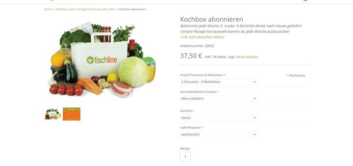 Bei Tischline könnt ihr euch eure Kochboxen ganz nach Gutdünken konfigurieren - ob classic oder veggie, ob für 2, 4 oder 6 Personen, etc.
