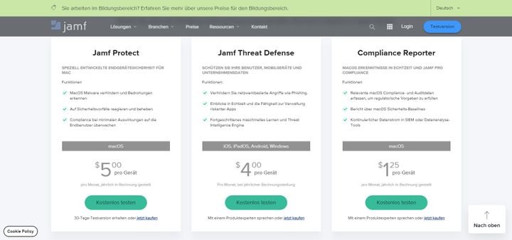 Zusatzmodule wie Jamf Protect, Threat Defense oder Compliance Reporter sind optionale Add-Ons