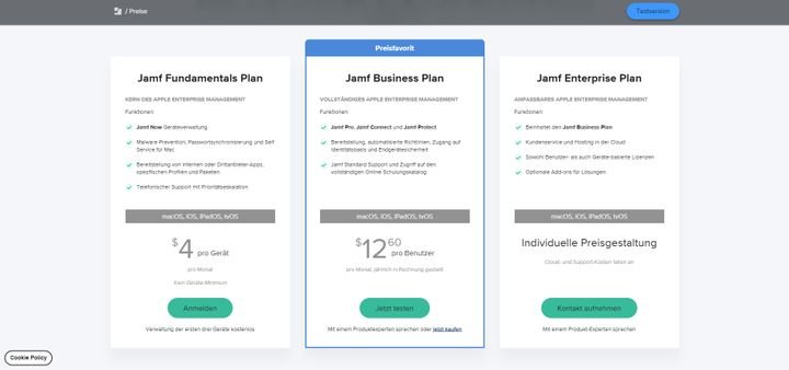 Die verfügbaren Preispakete von Jamf im Überblick