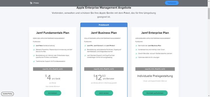 Jamf bietet drei vorgefertigte Produktbundles mit den passenden Modulen für verschiedene Unternehmensgrößen an