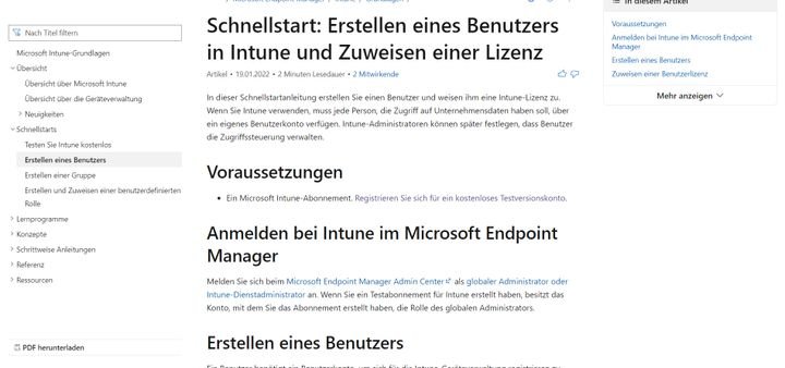 Microsoft bietet eine ganze Reihe von nützlichen Artikeln und Anleitungen für MS Intune