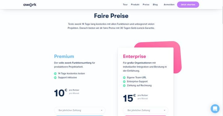 awork bietet zwei Tarife mit vollem Funktionsumfang