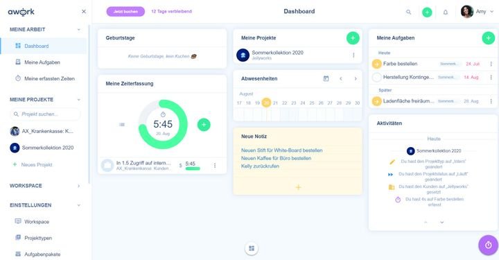 Das Dashboard in awork ist übersichtlich und lässt sich mit verschiedenen Widgets anpassen