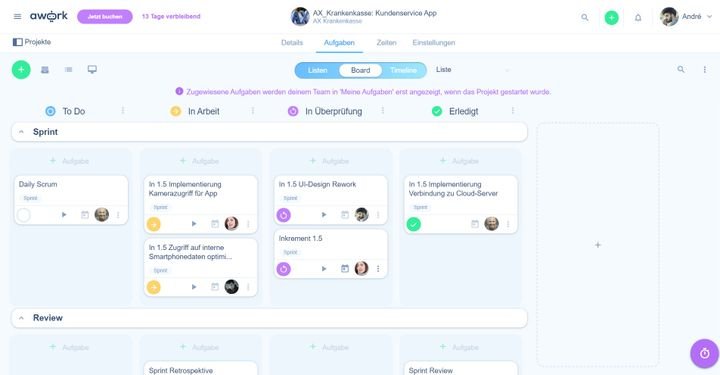 aworks Kanban Boards lassen sich zusätzlich nach User oder Listen sortieren