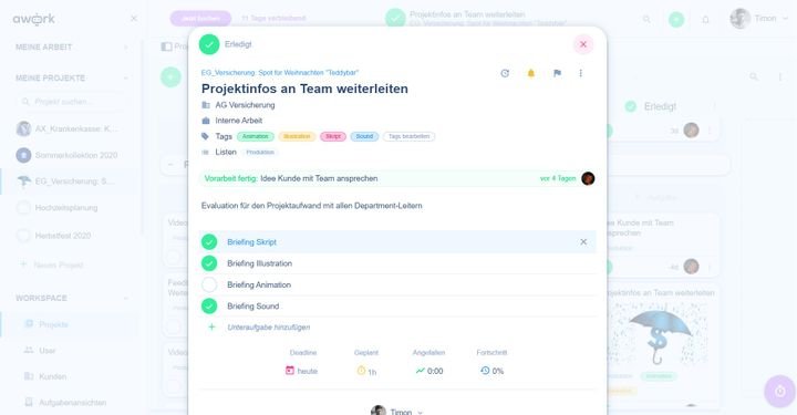 Die Aufgabenansicht in awork