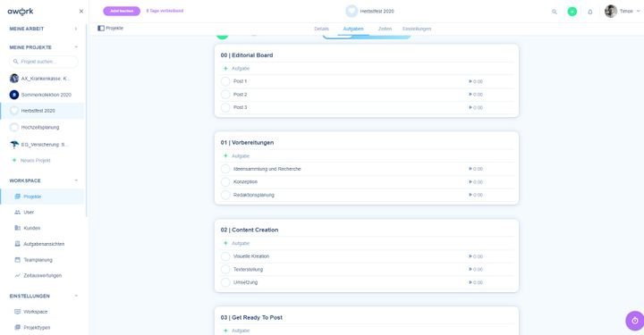 Mit nur wenigen Klicks erstellt Ihnen awork Projekte, wie etwa einen Social Media Workflow