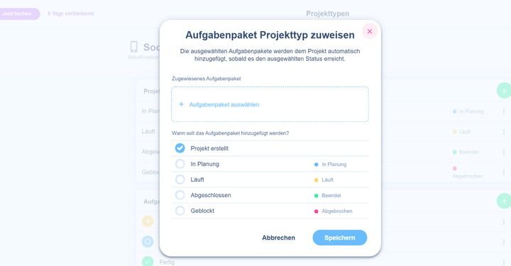 In awork lassen sich Aufgabenpakete automatisch zu bestimmten Projekttypen hinzufügen