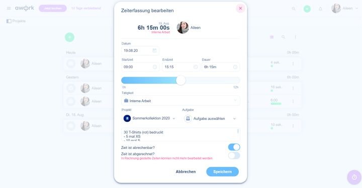 awork erlaubt eine detaillierte Zeiterfassung, die bei Fehlern nachbearbeitet werden kann