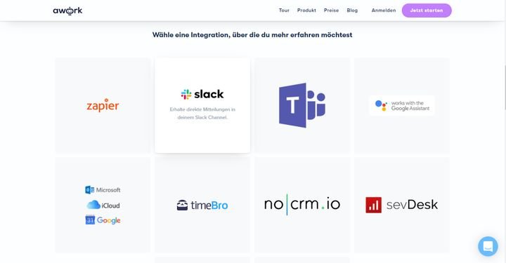 awork bietet weniger Grundintegrationen als MeisterTask, dafür aber eine REST-API Schnittstelle