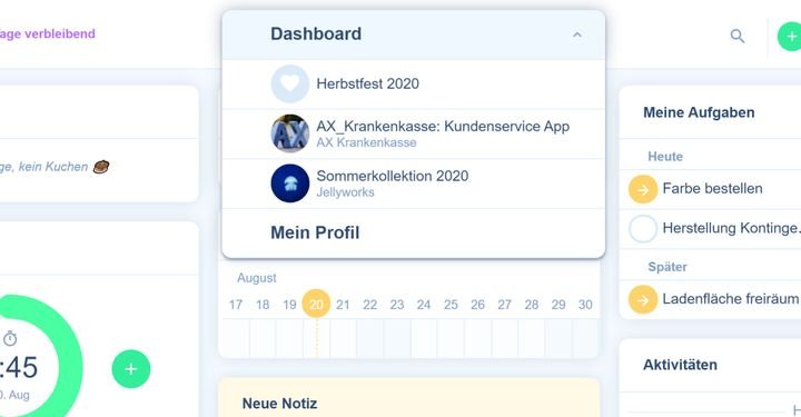 Die Navigationsleiste in awork lässt Sie zwischen den letzten Aufgaben und Projekten springen
