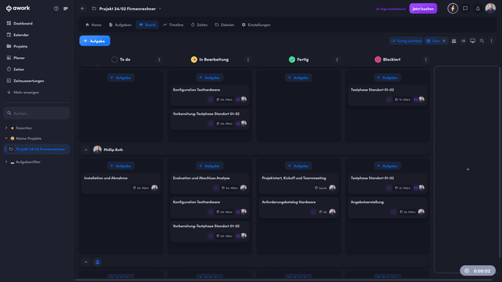 aworks Kanban Boards lassen sich zusätzlich nach User oder Listen sortieren