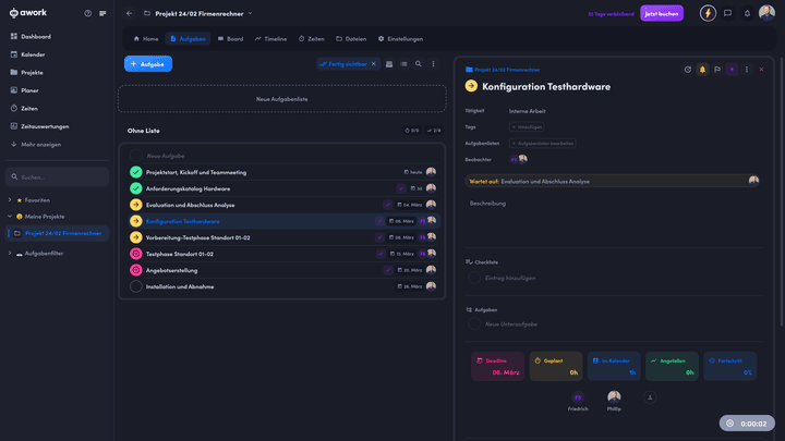 Die Aufgabenansicht in awork