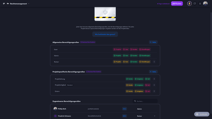Vergeben Sie in awork Berechtigungsrollen und Projektrollen an einzelne User