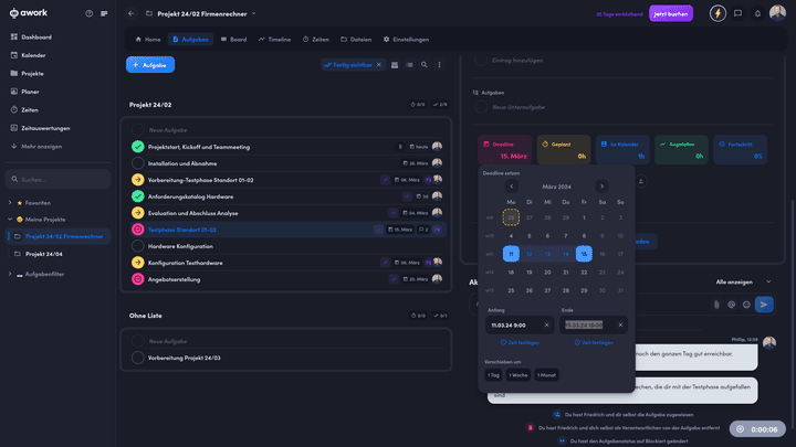 awork lässt Sie sowohl Termine, als auch den geplanten Zeitaufwand definieren