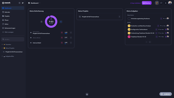 Das Dashboard in awork ist übersichtlich und lässt sich mit verschiedenen Widgets anpassen