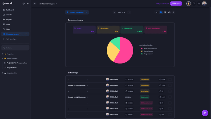 In awork lassen sich Zeiterfassungen ganz leicht filtern und abspeichern