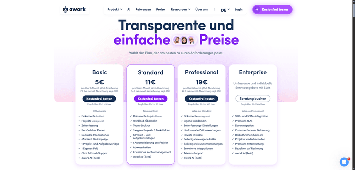 awork bietet vier Tarife mit unterschiedlichem Funktionsumfang