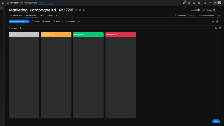 Ein Kanban-Board mit (noch) leeren Statusspalten