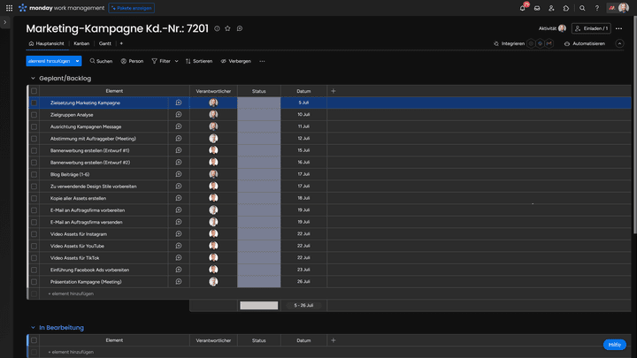So könnte ein Backlog mit allen Projektanforderungen und Aufgaben aussehen