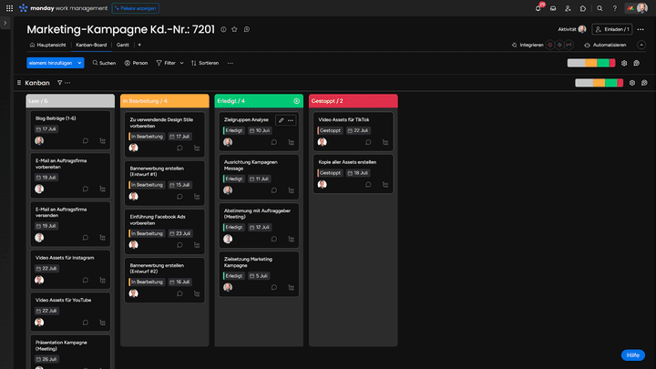 Ein Kanban-Board im Arbeitsalltag: das Board sollte nur die aktuellen Aufgaben enthalten und nicht überladen sein