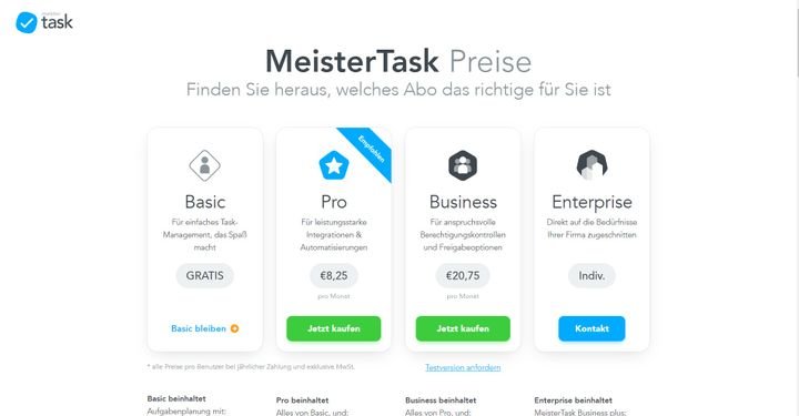 MeisterTask bietet die vier Tarife Basic, Pro, Business und Enterprise