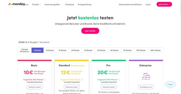 monday.com bietet die vier Tarife: “Basic”, “Standard”, “Pro” und “Enterprise”