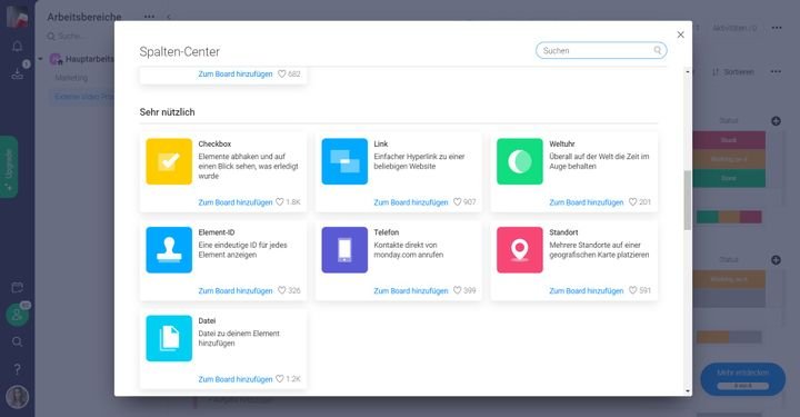 Über das Spalten-Center lassen sich Ihre Projektboards für Ihre Bedürfnisse erweitern