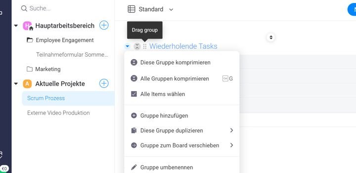 Manche Menüknöpfe in monday projects sind beim zügigen Arbeiten schwer zu treffen