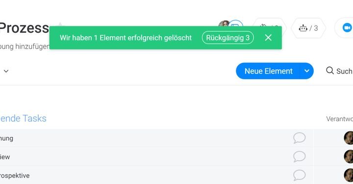 monday projects lässt sie 10 Sekunden lang sofort Löschungen rückgängig machen