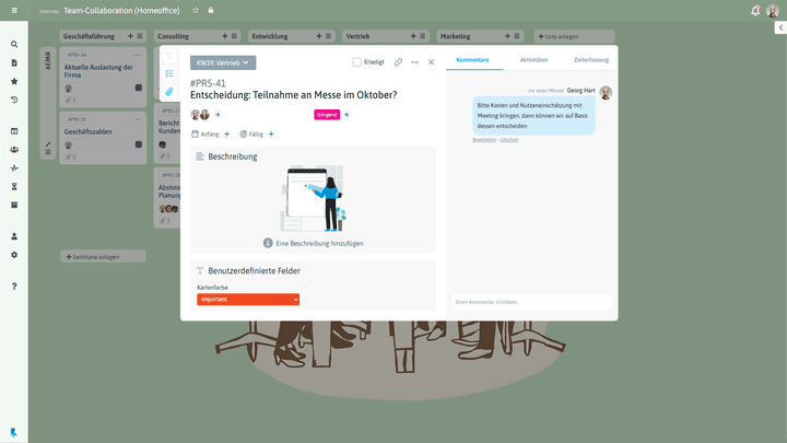Hinterlassen Sie in einer Aufgabe Kommentare und lesen Sie die jüngsten Änderungen in der Historie nach