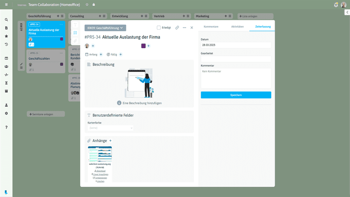 Arbeitszeiten können direkt bei der Aufgabe oder im Panel Zeiterfassung für alle Projekte, in die der Mitarbeiter eingeplant ist, erfasst werden