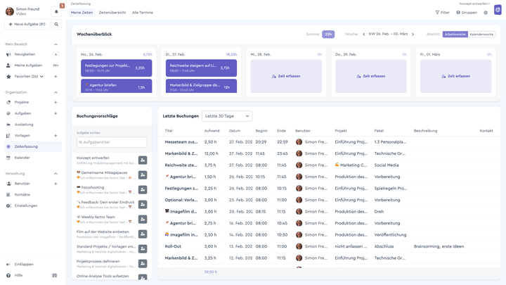 Viele Projektmanagement-Lösungen wie factro verfügen über integrierte Funktionen für die Zeiterfassung
