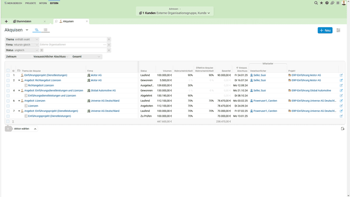 Die Baumstruktur der Projektansicht in Projektron BCS