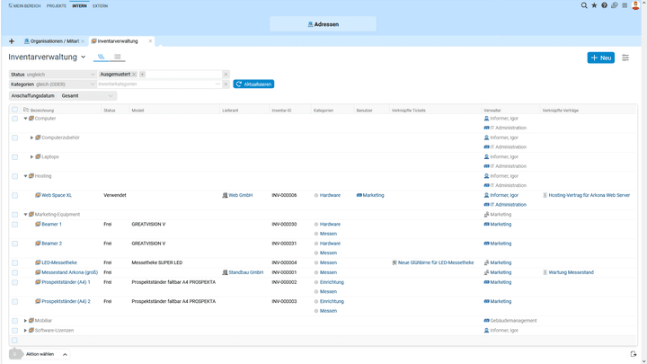 Mit der Ressourcenliste von Projektron BCS verwalten Sie Ihre Arbeitsmaterialien im Unternehmen