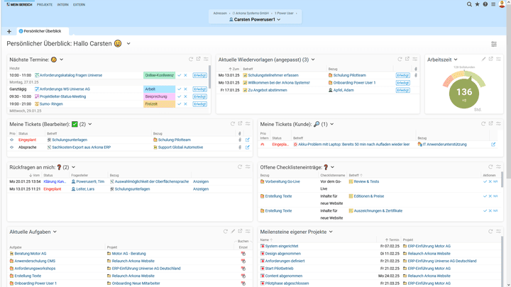 Über “Mein Bereich” gelangen Sie auf Ihr persönliches Dashboard in Projektron BCS