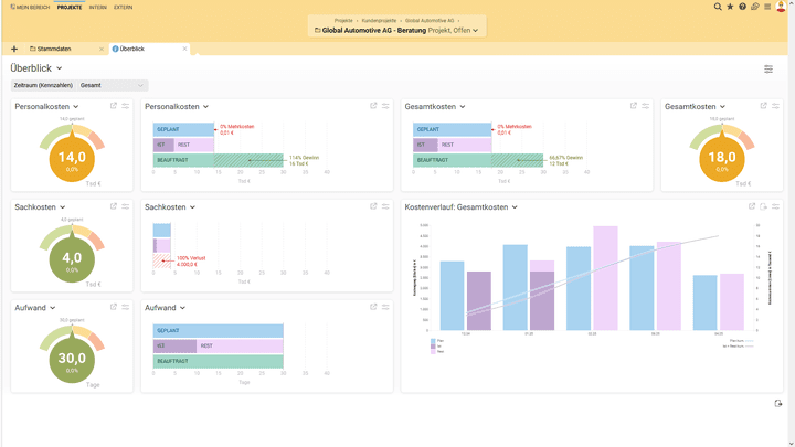 Der Projektüberblick ist Ihr individuell anpassbares Dashboard für Ihre Projekte