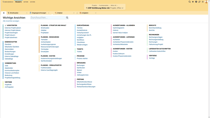 Eine Auswahl der möglichen Projektansichten und Funktionen in Projektron BCS